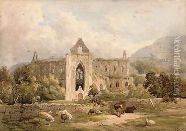 Cattle and sheep before abbey ruins (illustrated); and Figures before a riverside castle Oil Painting - William Richardson