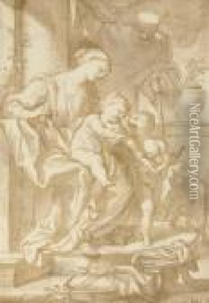 La Sainte Famille Sur Une Estrade Avec Saint Jean-baptiste Portant Des Fruits Oil Painting - Domenico Piola
