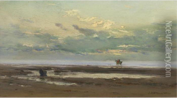 On The Beach, Biarritz. Effect At Evening, Late 1880 Oil Painting - Ivan Pavlovich Pokhitonov