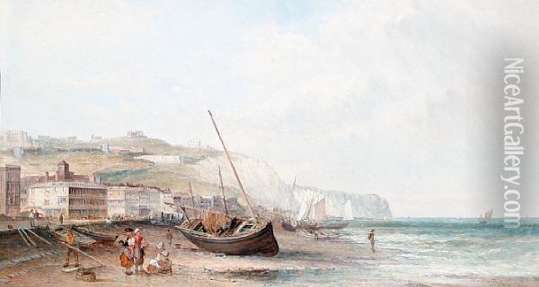Beached Fishing Boats At Dover Oil Painting - Alfred Pollentine