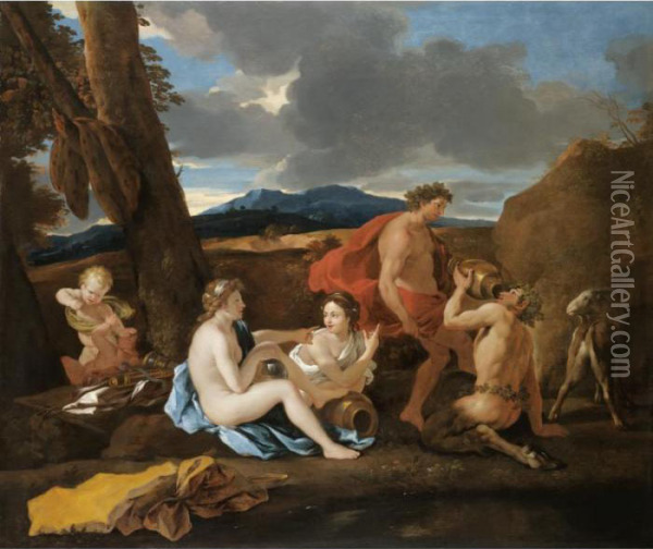 A Bacchanal With Satyrs And Nymphs In A Landscape Oil Painting - Nicolas Poussin