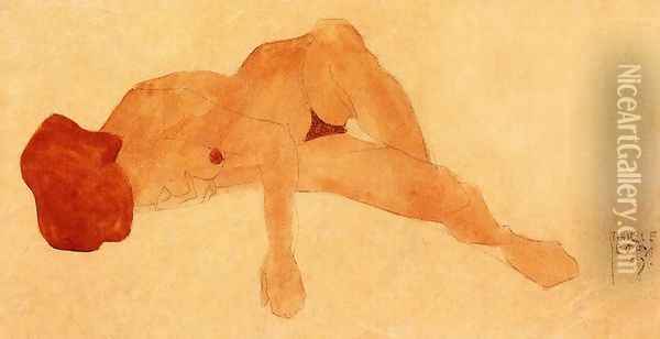 Reclining Female Nude Oil Painting - Egon Schiele