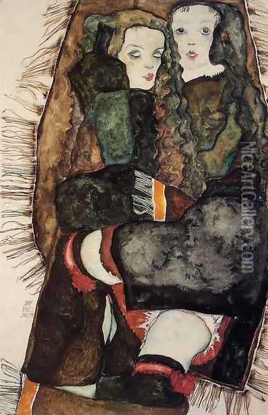 Two Girls On A Fringed Blanket Oil Painting - Egon Schiele