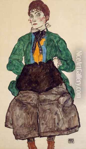 Woman In A Green Blouse And Muff Oil Painting - Egon Schiele