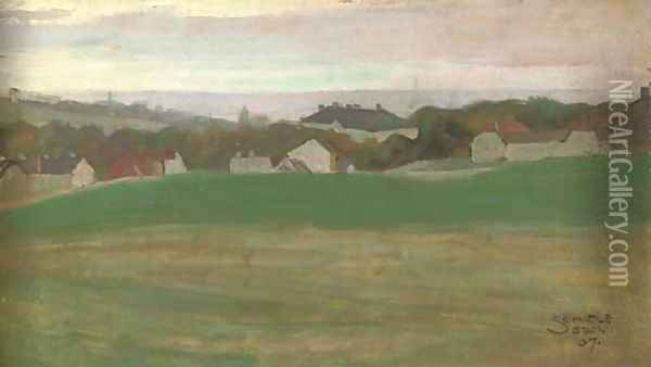 Wiese mit Dorf im Hintergrund II Oil Painting - Egon Schiele