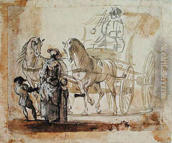 A Carriage and Pair, with Coachman Oil Painting - Paul Sandby
