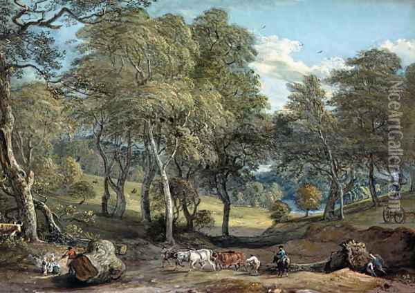Windsor Forest with Oxen Drawing Timber, 1798 Oil Painting - Paul Sandby