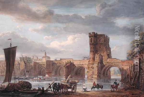 The Old Welsh Bridge, Shrewsbury Oil Painting - Paul Sandby