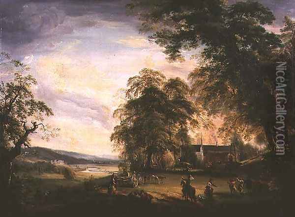 A View of Arundel Castle with Country Folk Merrymaking by a Farmhouse Oil Painting - Paul Sandby