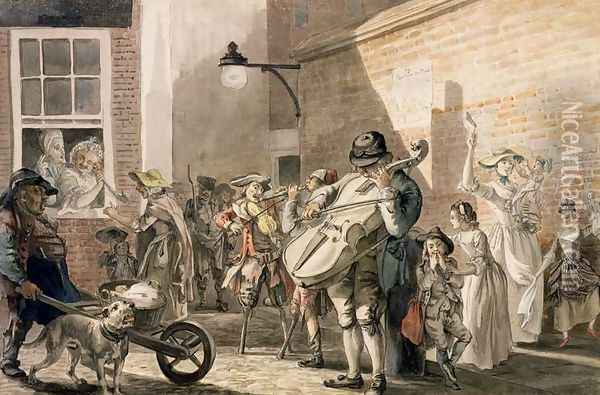 Itinerant Musicians playing in a poor part of town Oil Painting - Paul Sandby