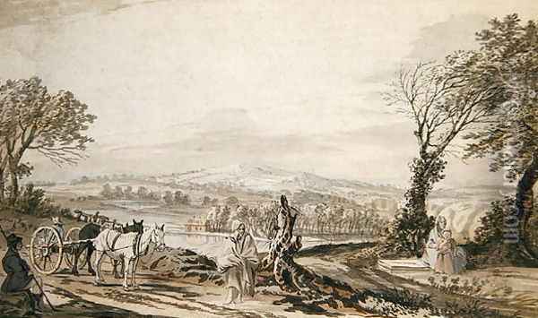 Travellers resting by a road above a river valley Oil Painting - Paul Sandby