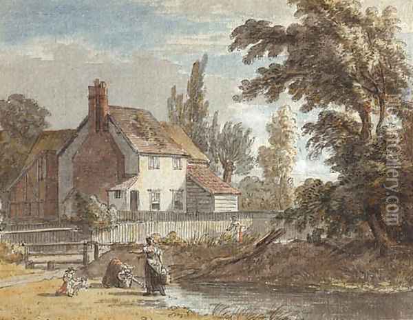 A cottage by a river with figures in the foreground Oil Painting - Paul Sandby