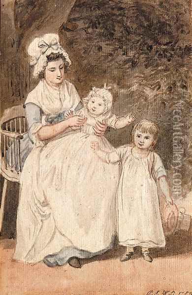 Two of the artist's children with their nurse, seated in a garden Oil Painting - Paul Sandby