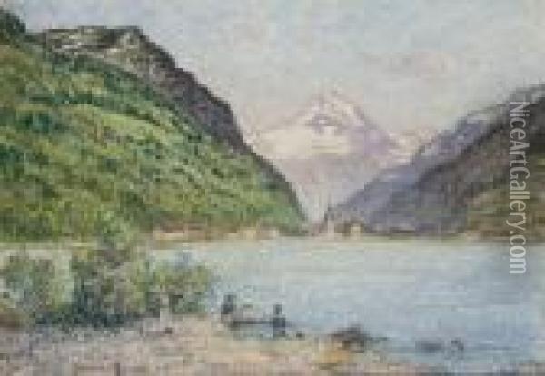 Pecheurs Devant Le Lac De Fluelen, Des Montagnes A L'arriere-plan Oil Painting - Pierre Ernest Prins