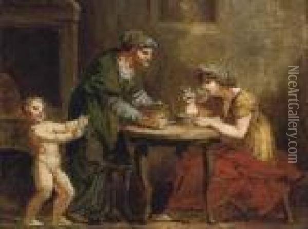 An Old Woman Serving A Lady Seated At A Table, With A Childattending Oil Painting - Pierre-Paul Prud'hon