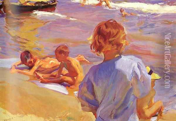Ninos en la playa (Valencia) (Children on the Beach (Valencia)) Oil Painting - Joaquin Sorolla Y Bastida