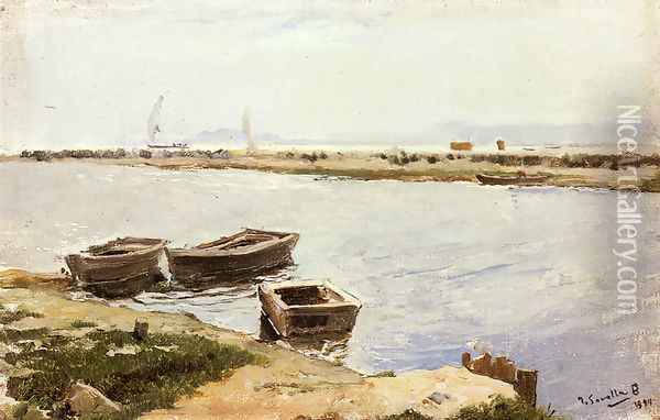 Three Boats By A Shore Oil Painting - Joaquin Sorolla Y Bastida