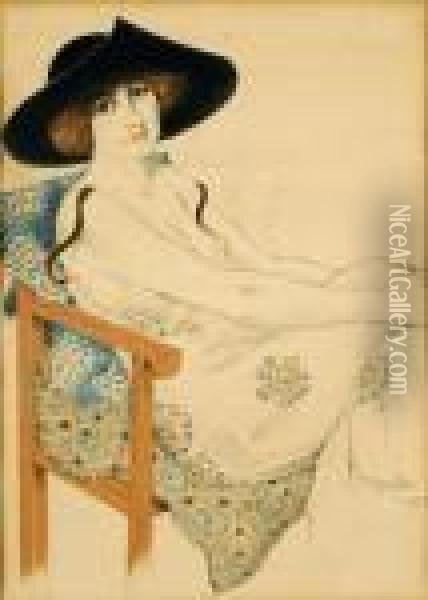 Jeune Femme Assise, Au Chapeau Noir Oil Painting - Armand Rassenfosse