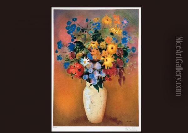Vase And Flowers(estampe) Oil Painting - Odilon Redon