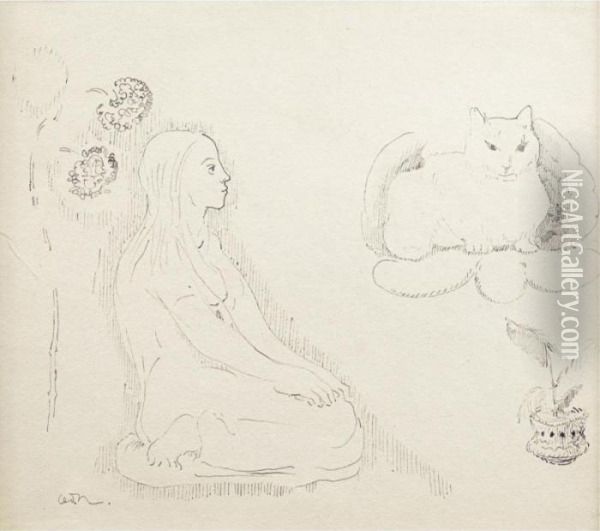 Jeune Fille Avec Chat Et Fleurs Oil Painting - Odilon Redon