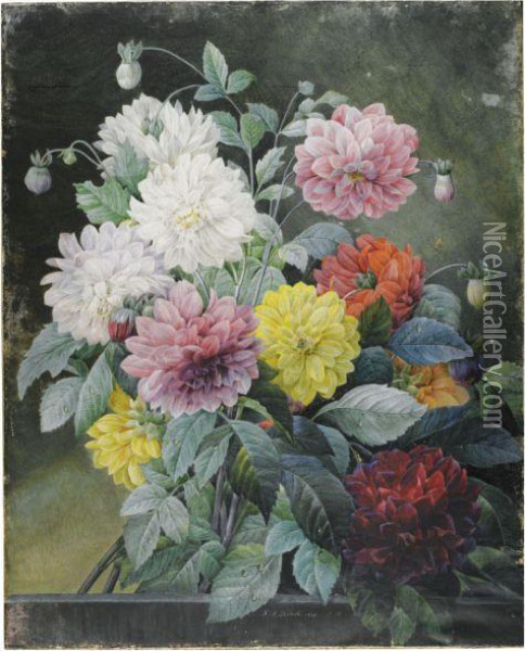 A Large Bouquet Of Dahlias Oil Painting - Pierre-Joseph Redoute