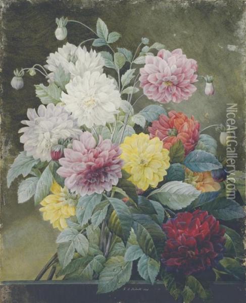 A Bouquet Of Dahlias (dahlia Variabilis) Oil Painting - Pierre-Joseph Redoute