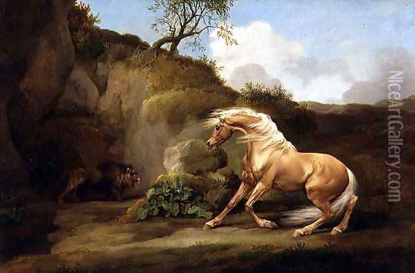 A Horse Frightened by a Lion, c.1790-5 Oil Painting - George Stubbs