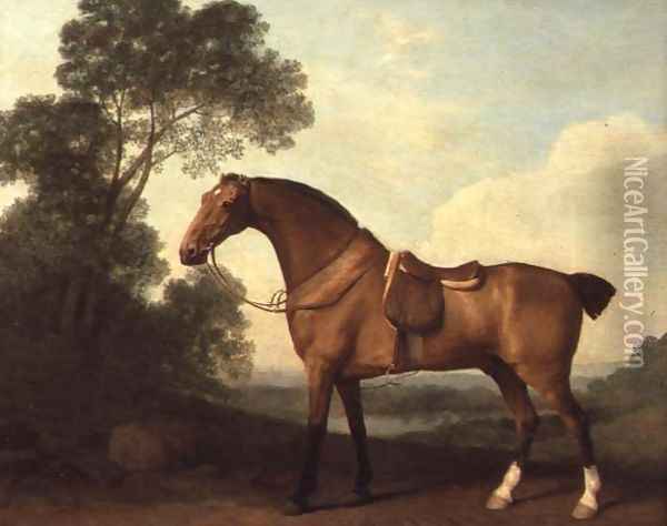 A Saddled Bay Hunter in a Landscape with a Lake Beyond, 1786 Oil Painting - George Stubbs