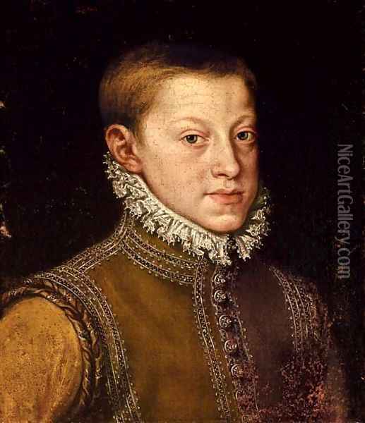 Portrait of Archduke Rudolph II, Holy Roman Emperor, as a boy, bust-length Oil Painting - Alonso Sanchez Coello