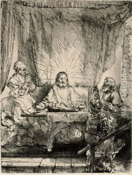 Christ At Emmaus: Large Plate (b. Holl. 87; H. 282) Oil Painting - Rembrandt Van Rijn