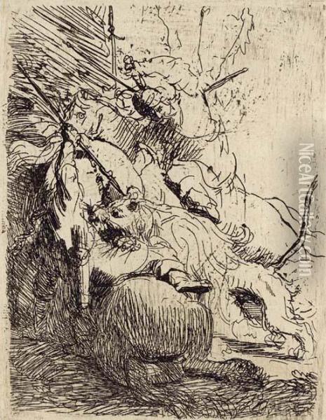 The Small Lion Hunt (with One Lion) Oil Painting - Rembrandt Van Rijn