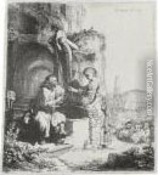 Christ And The Woman Of Samaria Among Ruins (b., Holl. 71; H. 122; Bb. 34-l) Oil Painting - Rembrandt Van Rijn