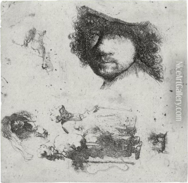 Sheet Of Studies: Head Of The 
Artist, A Beggar Couple, Heads Of An Old Man And Old Woman (b., Holl. 
363; H. 90; Bb. 32-1) Oil Painting - Rembrandt Van Rijn
