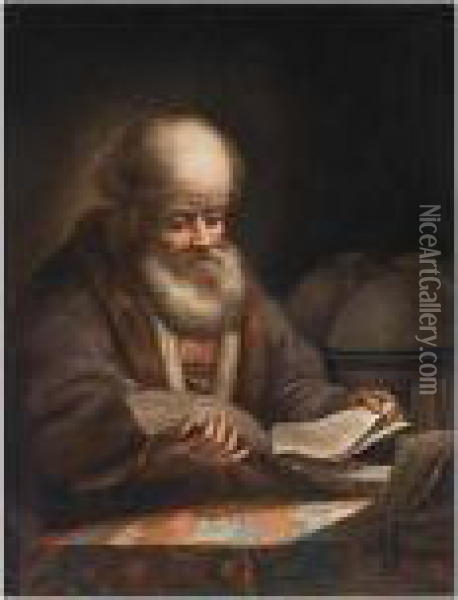 A Portrait Of A Bearded Man Reading Oil Painting - Rembrandt Van Rijn