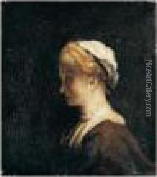 Portrait Of A Young Woman In 
Profile, Head And Shoulders, Wearing A Brown Dress And A White Cap Oil Painting - Rembrandt Van Rijn