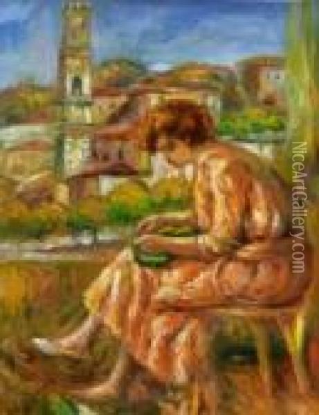 Femme E La Fenetre Avec Sur Le Vieux Nice Oil Painting - Pierre Auguste Renoir