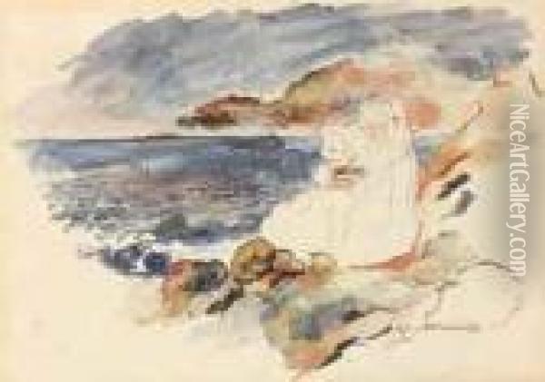 Jeune Fille Et Enfant Au Bord De La Mer Oil Painting - Pierre Auguste Renoir