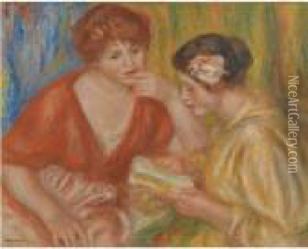 La Lecture, Deux Femmes Aux Corsages Rouge Et Rose Oil Painting - Pierre Auguste Renoir