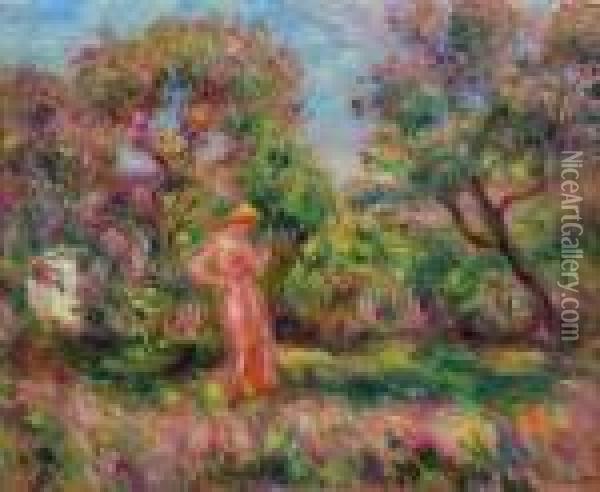 Paysage Avec Femme En Rose Oil Painting - Pierre Auguste Renoir
