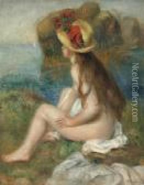 Nu Au Chapeau De Paille Assis En Bordure De Mer Oil Painting - Pierre Auguste Renoir