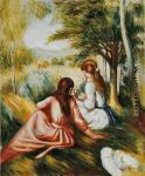 Two Girls In The Meadow (picking Flowers) Oil Painting - Pierre Auguste Renoir
