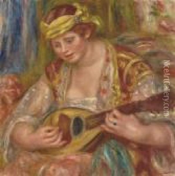 Femme A La Mandoline (andree En Espagnole Avec Un Turban Jaune Etune Mandoline) Oil Painting - Pierre Auguste Renoir