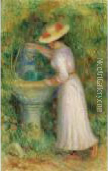 La Fontaine Or Jeune Fille Pres D'une Fontaine Oil Painting - Pierre Auguste Renoir