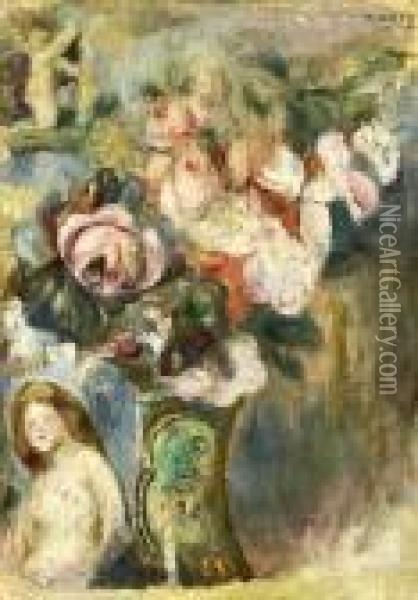 Vase De Fleurs Et Femme Oil Painting - Pierre Auguste Renoir