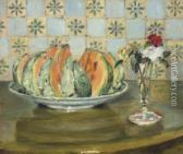Nature Morte Au Melon Et Au Vase De Fleurs Oil Painting - Pierre Auguste Renoir
