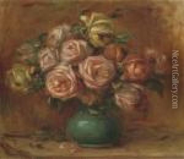 Bouquet De Roses Dans Un Vase Vert Oil Painting - Pierre Auguste Renoir