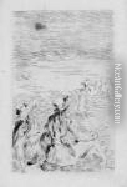 Sur La Plage, A Berneval. Le 
Chapeau Epingle (la Fille De Berthe Morisot Et Sa Cousine), 3e Planche Oil Painting - Pierre Auguste Renoir