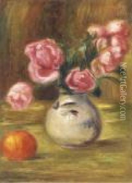 Vase De Roses Et Orange Oil Painting - Pierre Auguste Renoir
