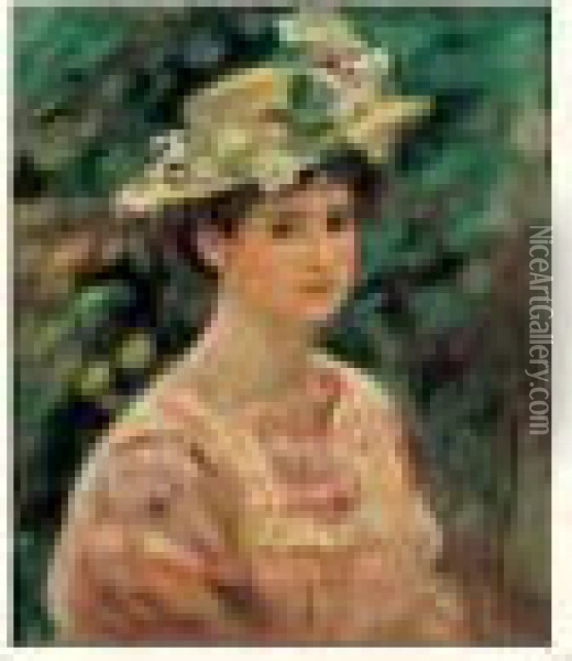 Julie Manet A La Robe Rose Et Au Chapeau A Fleurs De Pommier Oil Painting - Pierre Auguste Renoir