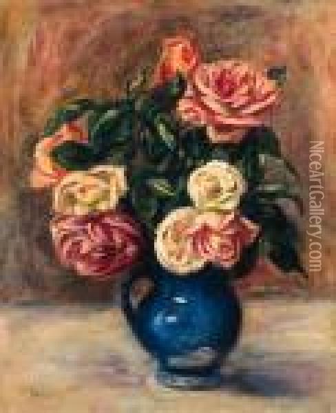 Roses Dans Un Vase Bleu Oil Painting - Pierre Auguste Renoir